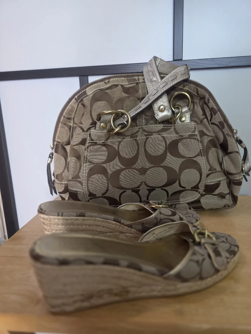 Classic Coach Signature Canvas Mini Satchel & Wedge Sandals Size 11 - Khaki/Tan